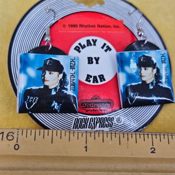 NWT Janet Jackson Rhythm Nation 1990 Rock Express Vinly LP Record Drop Earrings - Picture 2 of 5
